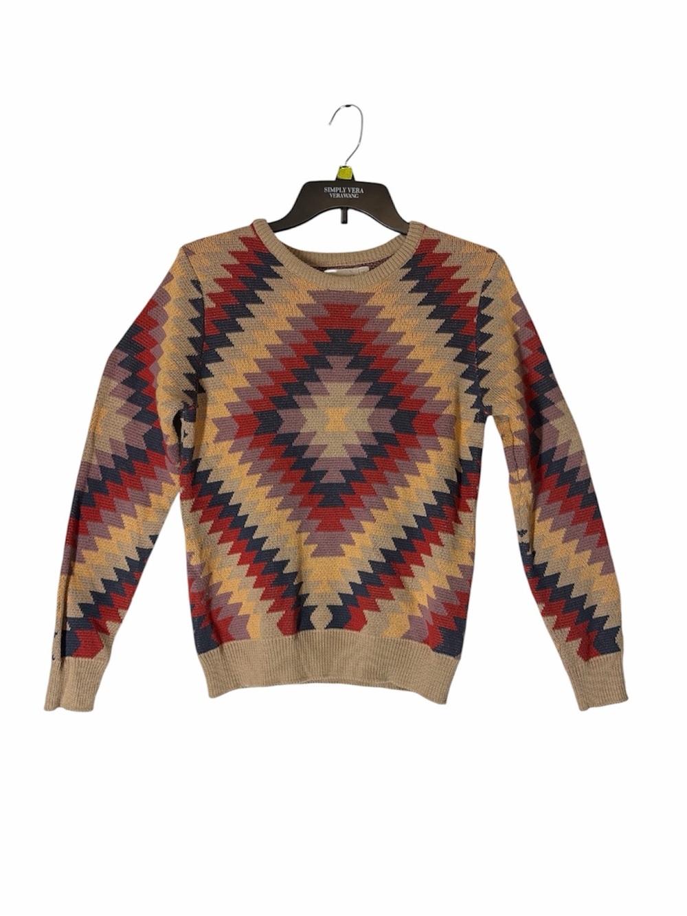 Cotton rye Wang Aztec Geometric Crewneck Sweater in Tan, Red & Navy